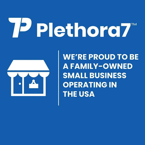 Plethora7 logo with text 'Proud to be a family-owned small business operating in the USA' on blue background.