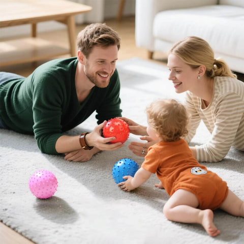 Family playing with 12 Pack Bouncy Ball Knobby Massage Ball, 5" Spiky Sensory Toy for Kids & Adults on a living room floor