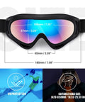 Dimensions and features of black 2 Pack Family Snow Ski Goggles For Men Women Youth Kids All Ages with anti-fog and UV protection.