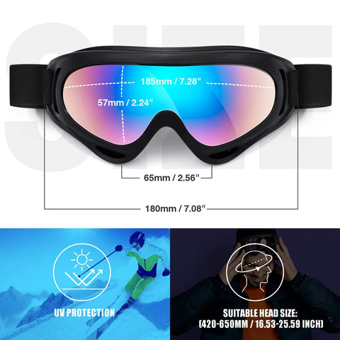 Dimensions and features of black 2 Pack Family Snow Ski Goggles For Men Women Youth Kids All Ages with anti-fog and UV protection.