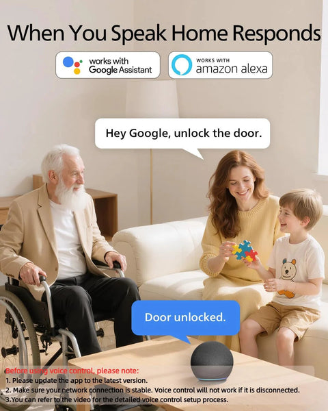 Family demonstrating WiFi Smart Door Lock Deadbolt For Front Door Keyless Entry With Built In WiFi Remote Access App Unlock Fingerprint And Passcode Works With Alexa And Google Assistant Auto Lock Security