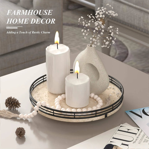 Italian natural travertine lazy susan turntable for table top, 10 inch round stone tray organizer with black frame displayed with candles.