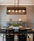 Five Light Rectangular Farmhouse Pendant Chandelier Black With Oak Wood And Metal 65 Inch Adjustable Chain