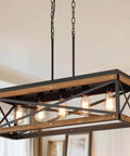 Five Light Rectangular Farmhouse Pendant Chandelier Black With Oak Wood And Metal 65 Inch Adjustable Chain for dining room