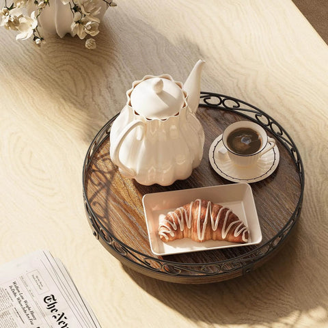 10 inch farmhouse wooden lazy susan turntable designed for cabinets with tea set and pastry on table.