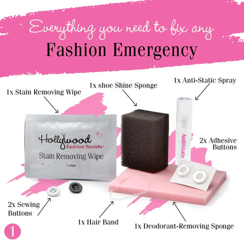Style Emergency Kit On The Go Wardrobe Savior 14 Piece Set with fashion tape, deodorant remover sponge, lint sheets, sewing tools