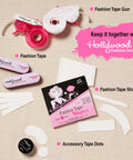 Fashion tape set with tape gun, strips, shapes, and dots from Hollywood Fashion Secrets on beige surface.