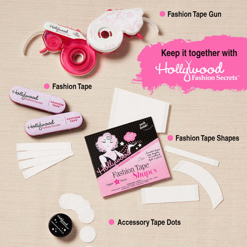 Fashion tape set with tape gun, strips, shapes, and dots from Hollywood Fashion Secrets on beige surface.