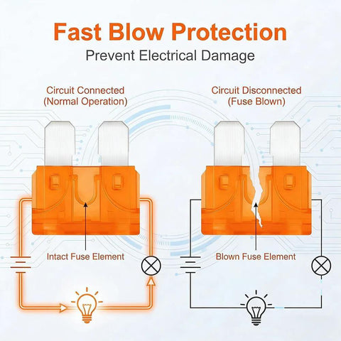 Diagram showing fast blow protection with intact and blown fuse elements for 80 Piece 5 Amp Standard Blade Fuses Set For Cars RVs Trucks SUVs.
