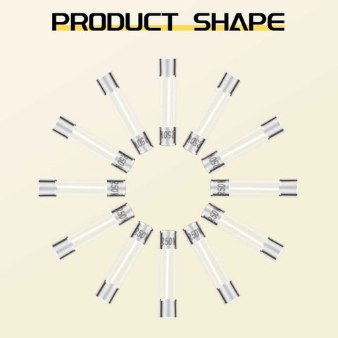 Fast Blow Glass Fuse Assortment Kit With 24 Values for 5x20mm and 6x30mm Fuses 250V 0.5A to 20A arranged in a circular pattern.