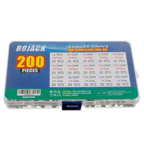 Fast Blow Glass Fuse Assortment Kit, 200 Pcs, Mixed 5x20mm And 6x30mm Fuses, 250V, 1A To 20A Range, in clear plastic box