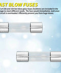 Fast blow glass fuses 5x20mm for panel mount fuse holder, shown in detail against a blue background, suitable for varied circuits.