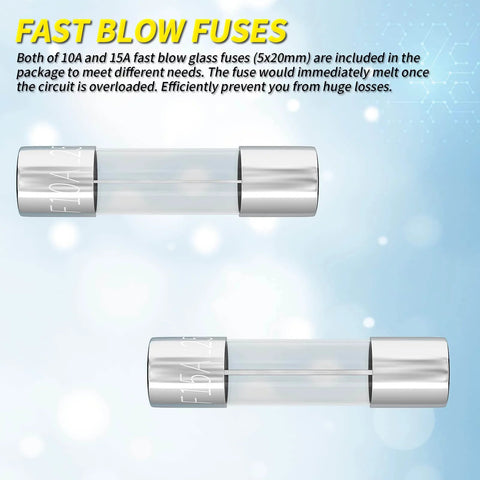Fast blow glass fuses 5x20mm for panel mount fuse holder, shown in detail against a blue background, suitable for varied circuits.