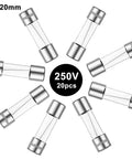 20 Pack Fast Blow Glass Fuses F2AL 250V 2A 5x20mm For Electronics And Home Projects Replacement Kit with clear glass construction.