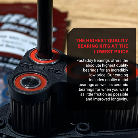 Front view of FastEddy RC bearing kit hub with two red-sealed bearings in black plastic housing.