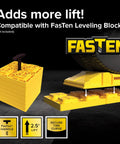 FasTen Premium RV Leveling Ramp Set with Handle and Nesting Ramps for Easy Storage, compatible with square leveling blocks, displayed with tire.