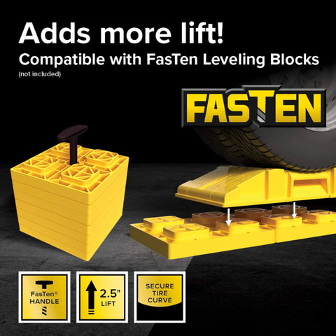 FasTen Premium RV Leveling Ramp Set with Handle and Nesting Ramps for Easy Storage, compatible with square leveling blocks, displayed with tire.