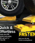 Close-up of FasTen Premium RV Leveling Ramp Set with handle, lifting an RV tire, compatible with square leveling blocks.