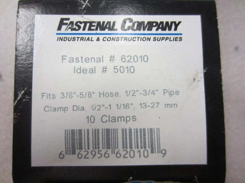 Fastenal 62010 Hose Clamps 5010 Pack of Ten box showing size information and barcode for automotive use.