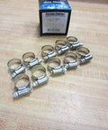 Fastenal 62010 Hose Clamps 5010 Pack of Ten Fits Three Eighths to Five Eighths Inch Hose and One Half to Three Quarter Inch Pipe Clamp Diameter One Half to One Inch Durable Steel for Reliable Automotive and Industrial Use, arranged on a wooden surface.