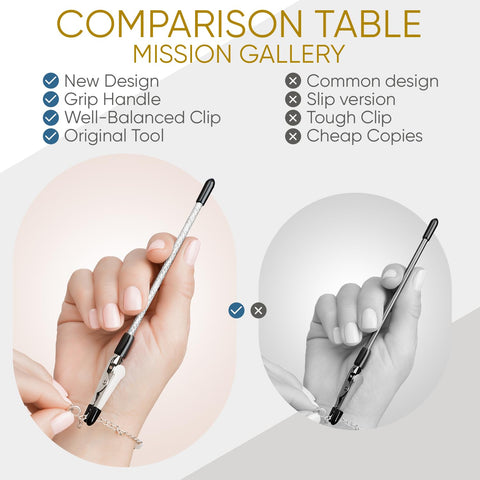 Bracelet Fastener Helper Tool For Easy On Jewelry Clasp Clip For Bracelets Necklaces And Watches Portable Metal Silver Life Saver No Slip Grip And User Friendly Design shown in hand with bracelet clasp.