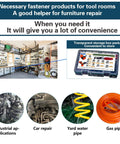 Collage showing storage box of Spring Hose Clamps Kit with installation tool and applications in car, yard, and industrial use.
