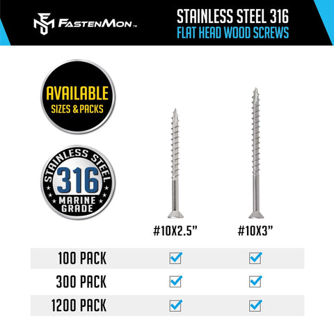 #10 x 3 Marine Grade Type 316 Stainless Steel Wood Screws - 300 Pack with T25 Bit - Torx Flat Head Type 17 Point Ideal for Decks, Fences, and Coastal Construction.