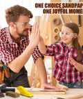 Father and daughter in workshop using 90Pc Micro Detail Sander Kit 3In1 Mini Block with sandpaper for wood projects.