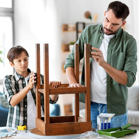 Father and son using Sanding Sponge Set 4 Pack 60 80 120 220 Grit For Wood Metal Drywall while refurbishing wooden chair at home