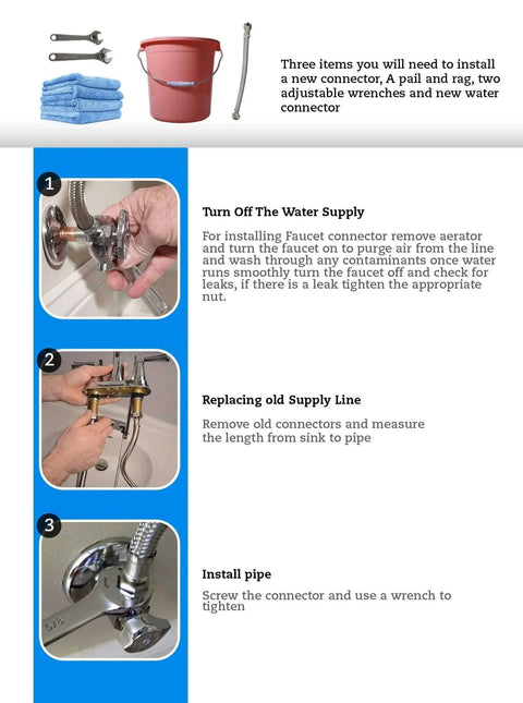 Installation guide for 8 Inch Stainless Steel Faucet Connector with tools, bucket, and instructions for replacing supply line.
