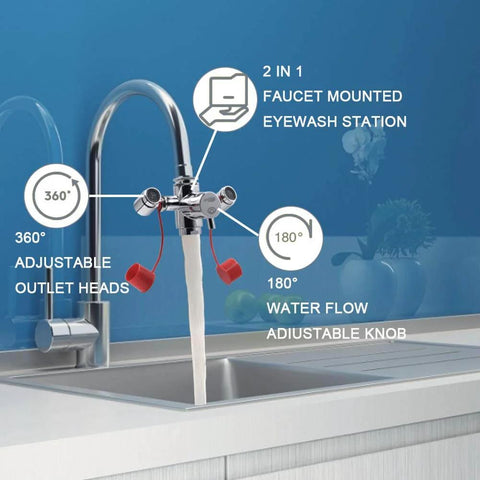 Faucet Mounted Eyewash Station Kit With Emergency Eye Flush, OSHA Approved First Aid, installed on a kitchen sink faucet