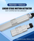 FBX100-100mm Heavy CNC Linear Actuator Kit, Aluminum Alloy Fully Enclosed Linear Motion Stage Actuator Double Linear Slide Rail X Y Z Axis Linear Slide Table Linear Motion Guide for CNC is shown with stepper motor and bracket on a blue background.