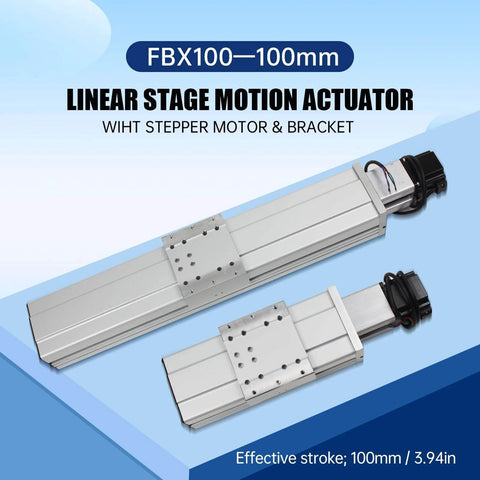FBX100-100mm Heavy CNC Linear Actuator Kit, Aluminum Alloy Fully Enclosed Linear Motion Stage Actuator Double Linear Slide Rail X Y Z Axis Linear Slide Table Linear Motion Guide for CNC is shown with stepper motor and bracket on a blue background.