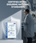 FCC certification displayed in laboratory setting with technicians in white coats.