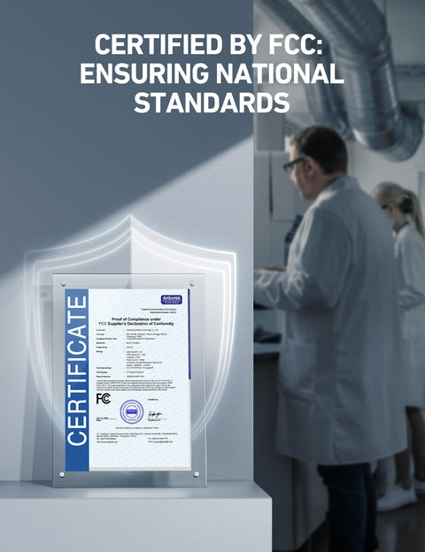 FCC certification displayed in laboratory setting with technicians in white coats.
