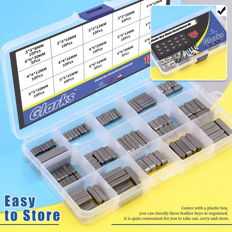 Feather Key Stock Set 140Pcs in 16 Sizes with storage box for drive shafts and machinery DIY projects, CNC lathe milling machines