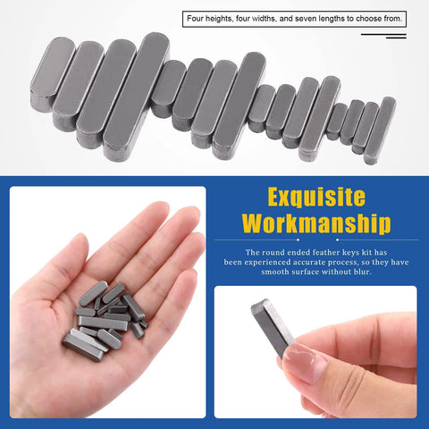 Feather Key Stock Set 140Pcs in 16 Sizes displayed in hand, featuring round-ended keys for drive shafts and machinery DIY projects.