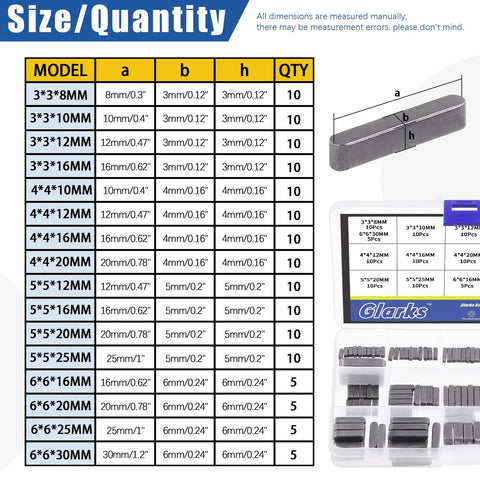 Feather Key Stock Set 140Pcs in 16 Sizes 8mm 10mm 12mm 16mm 20mm 25mm 30mm Smooth Round Ended Keys in organized storage box, size chart shown