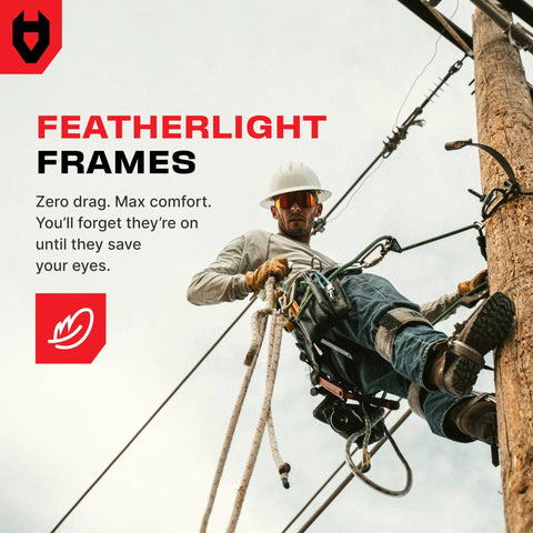 Worker climbing utility pole wearing ANSI Z87 Safety Glasses With High Contrast Lenses For Men And Women Anti Scratch