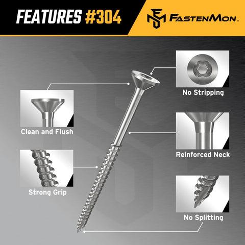 #10 x 3-1/2 Stainless Steel Deck Screws, 304 Grade, 300 PCS with T25 Star Drive Bit - Ideal for Outdoor Wood Projects, Fences, Benches, Picnic Tables, and Decks, Bulk Box features.