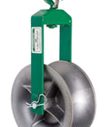 Front view of Feeding Sheave for 3-1/2-Inch Conduit with 6-inch wheel and welded steel frame, used for cable pulling.
