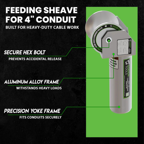 441-4 Inch Feeding Sheave for 4 Inch Conduit with bearing spin system, aluminum alloy frame, secure hex bolt, showing highlighted features.