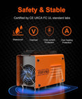 Orange Ultra Mini 140A 110V Arc And Lift TIG Welder with shoulder strap, showing safety certifications and protective features.