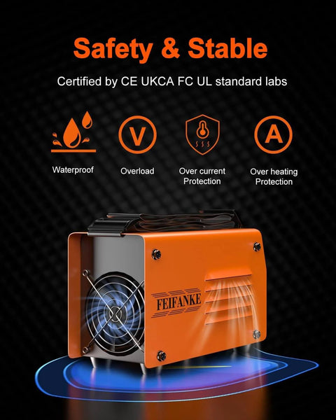 Orange Ultra Mini 140A 110V Arc And Lift TIG Welder with shoulder strap, showing safety certifications and protective features.