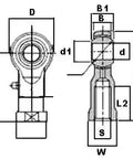 Diagram of Female Rod End 10mm PHS10L Left hand Bearing showing dimensions and parts layout for installation use.