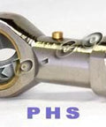 Close-up of Female Rod End 10mm PHS10L Left hand Bearing with 10mm shaft, metal finish, and visible internal thread M10x1.5.