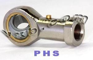 Close-up of Female Rod End 10mm PHS10L Left hand Bearing with 10mm shaft, metal finish, and visible internal thread M10x1.5.