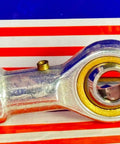 Female Rod End 10mm PHS10L Left hand Bearing with silver metal finish and 10mm inner diameter, side view