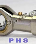 Female Rod End 10mm PHS10L Left hand Bearing side view showing threaded section and bearing. Metallic finish.