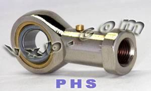 Female Rod End 10mm PHS10L Left hand Bearing side view showing threaded section and bearing. Metallic finish.